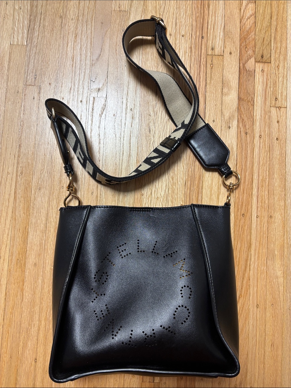 Stella McCartney Black Perforated Logo Crossbody with Patterned Strap